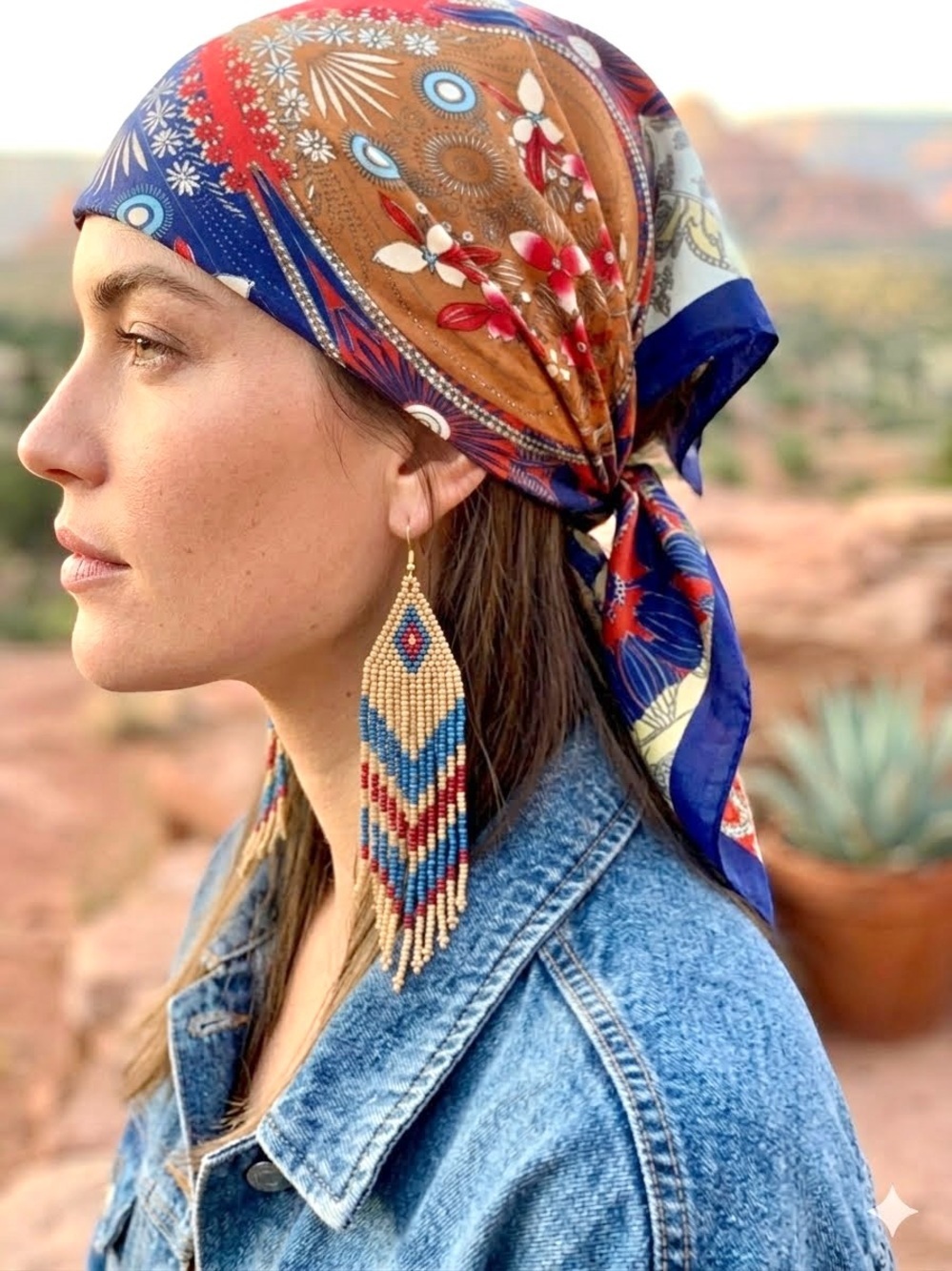 SILK Floral Heart Print Silk Scarf in Brown, Red & Blue cottagecore resort vibe